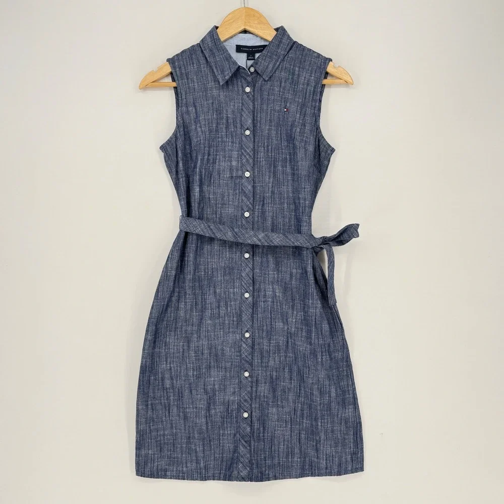 Tommy Hilfiger Shirt Dress Women 2 Blue Sleeveless Belted Preppy Coastal NEW